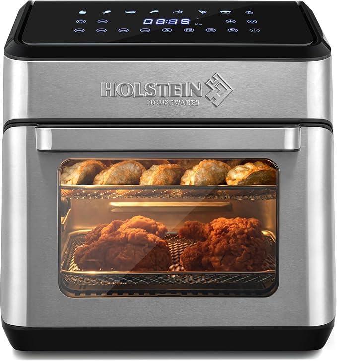 Holstein Housewares 12.7 QT Digital Air Fryer 8-in-1 with Hot Air Technology, Family Size, Viewing Window & Led Display. Air Fry, Bake, Grill, Dehydrate & Roast, Less Oil Use for Healthier Meals