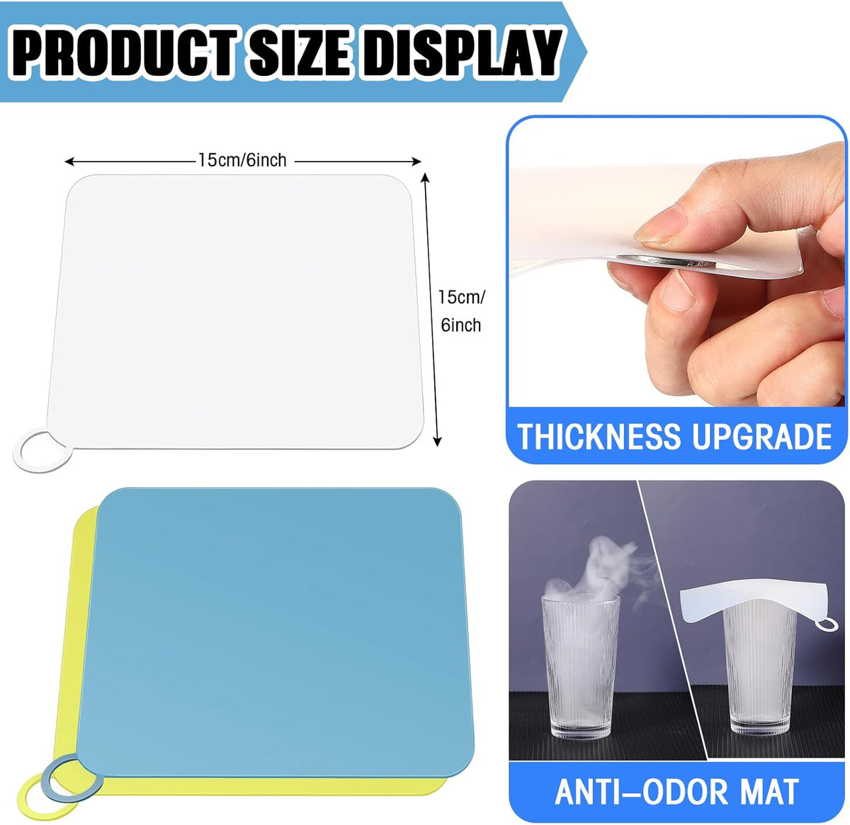 Yinkin 6 Pcs Drain Covers to Keep Bugs Out Silicone Shower Floor Tub Stoppers Bathtub Drain Stoppers Sewer Anti-Odor Mats Deodorizing Plugs for Bathroom(6 x 6 Inch,Square,Blue, Yellow and White)