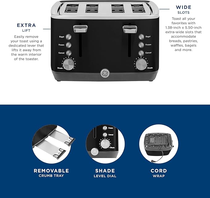GE 4 Slice Toaster | Extra Wide Slots for Bagels, Breads, Waffles & More | 7 Shade Options | Countertop Kitchen Essentials | 1500 watt, Black