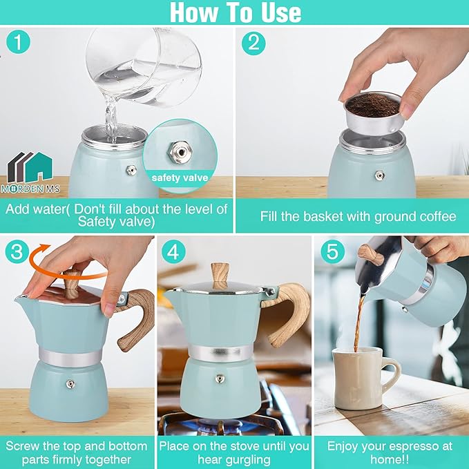 MORDEN MS Moka Pot - Stovetop Espresso Maker 3 Cup/5 OZ Italian Coffee Maker Camping Coffee Pot Manual Cuban Coffee Percolator for Cappuccino or Latte- Blue