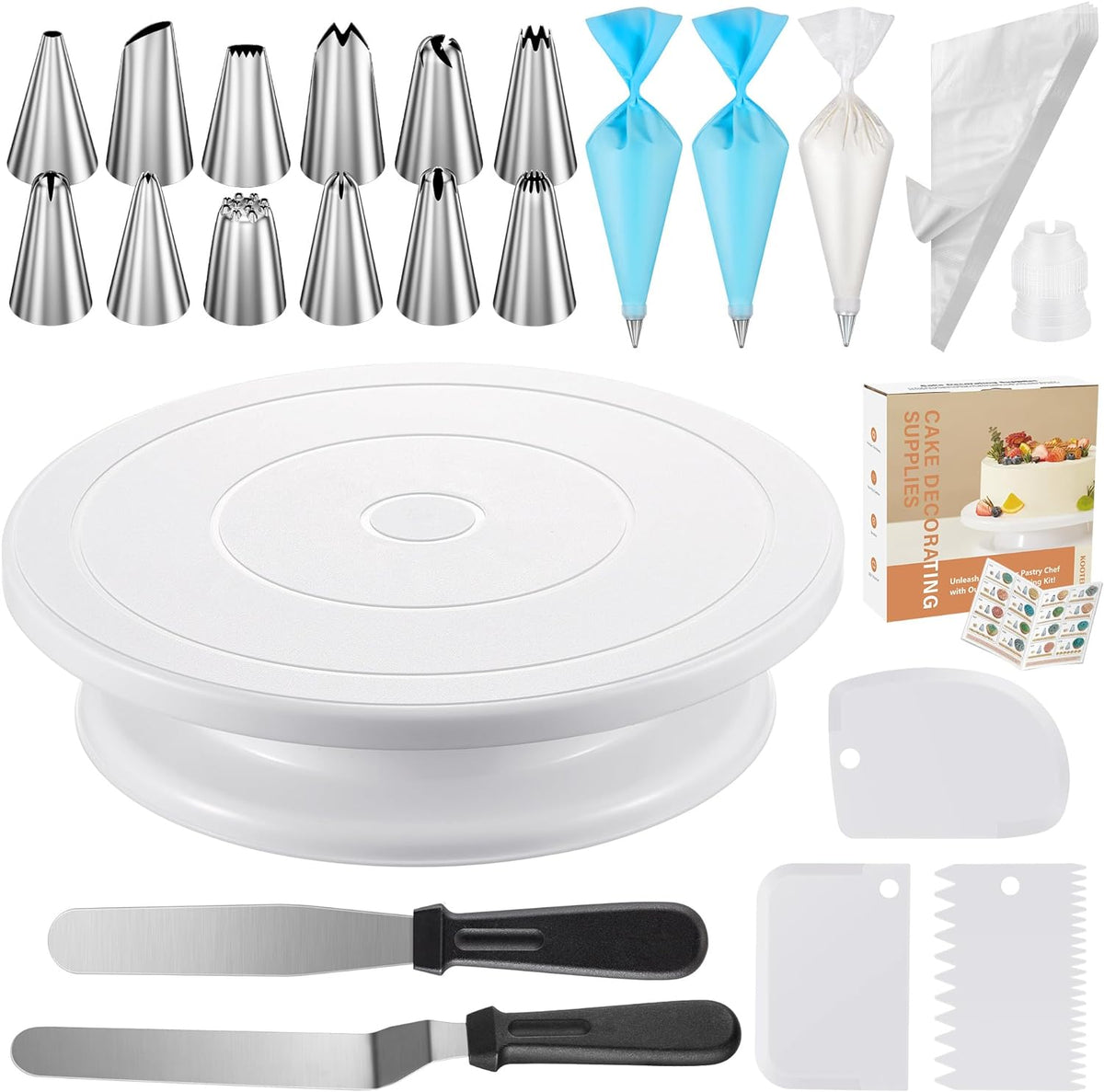 Kootek 71PCs Cake Decorating Kit, Baking Supplies Tools - Includes Cake Stand Turntable, 12 Icing Piping Tips, 2 Frosting Spatulas, 3 Scrapers, 50+2 Piping Bags, Coupler, Video Tutorial, Booklet