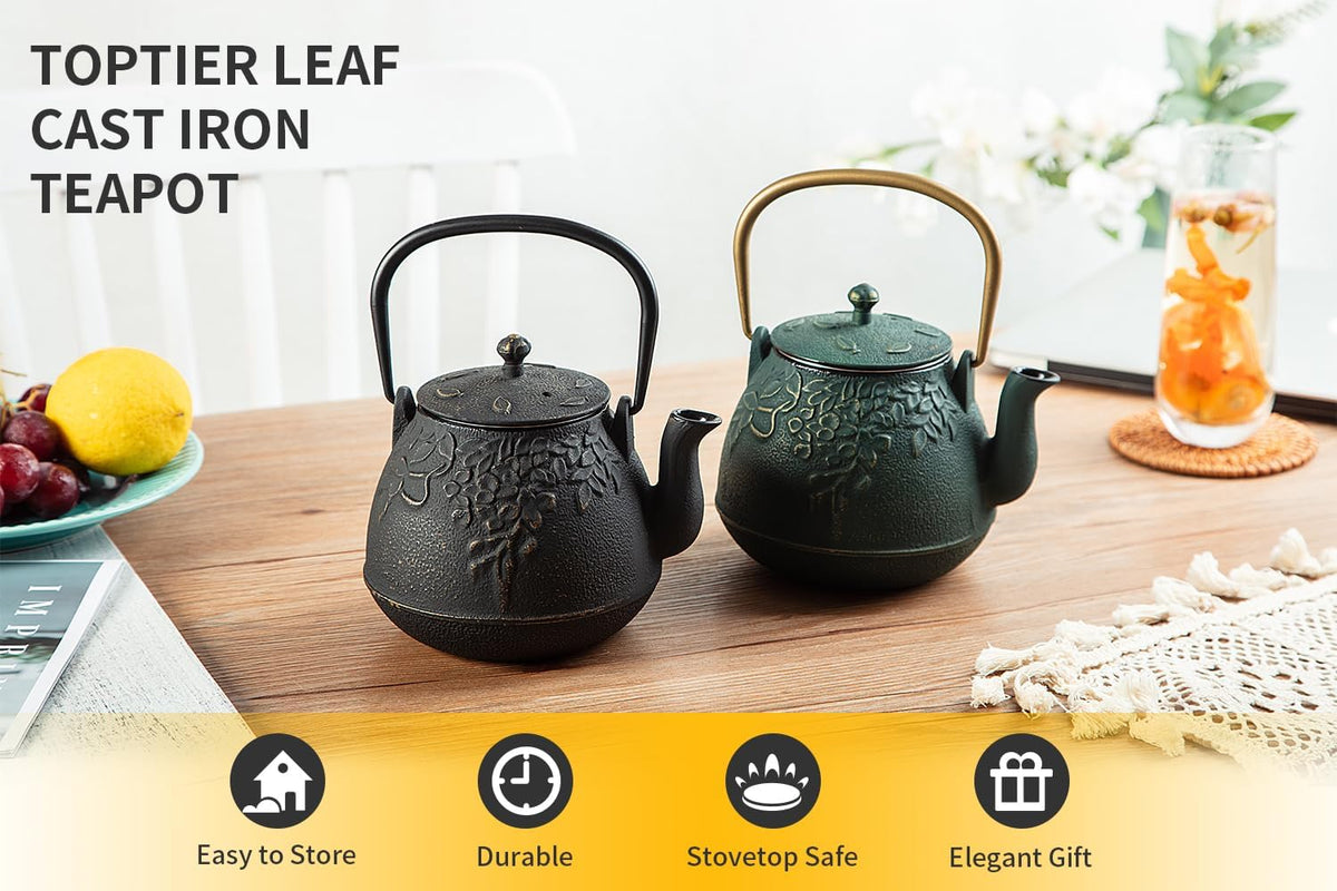 Tea Kettle, TOPTIER Japanese Cast Iron Teapot with Infuser, Leaf Design Cast Iron Tea Pot Stovetop Safe Coated with Enameled Interior for 40 Ounce (1200 ml), Dark Green