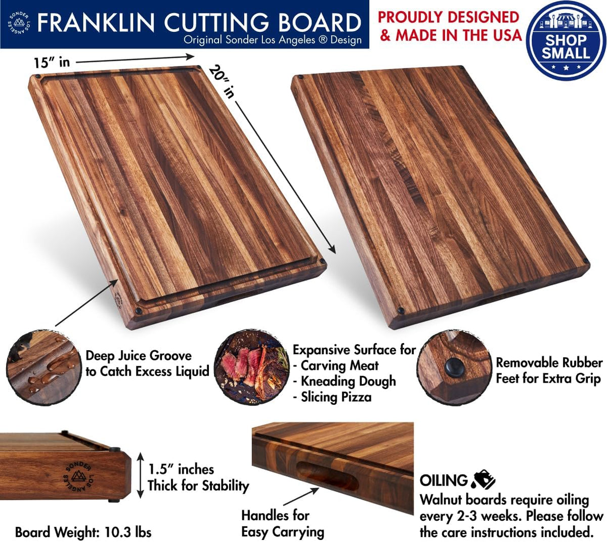 Sonder Los Angeles, Made in USA, Large Thick Edge Grain Walnut Wood Cutting Board with Non-Slip Feet, Juice Groove for Kitchen 20x15x1.5 in (Gift Box Included)