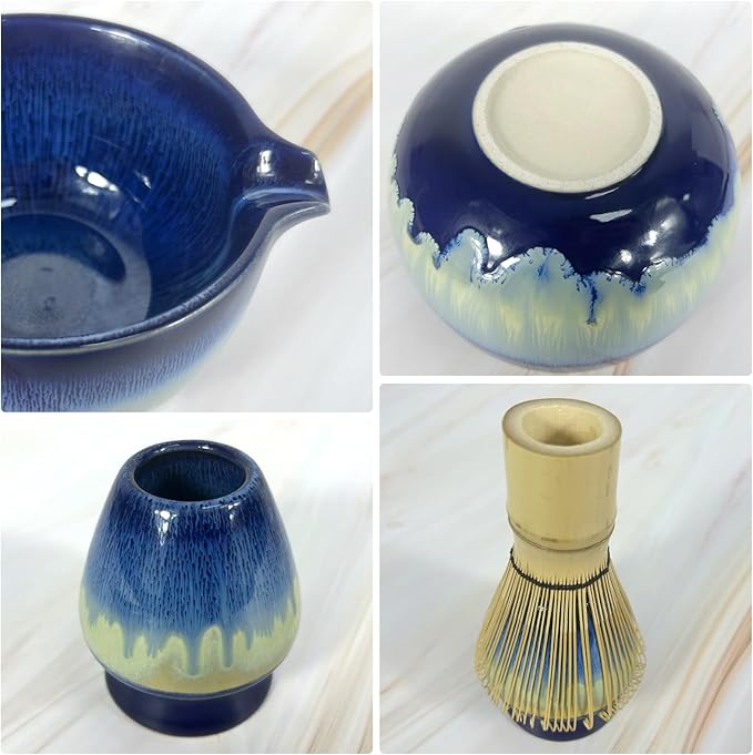 Matcha Whisk Set 6 pc Kit - Traditional Japanese Chasen, Bamboo Whisk Holder, Ceramic Bowl with Spout, Sifter & 2 pc Spoons - matcha kit set, Gift for Matcha Tea Lovers (Gradient Blue)