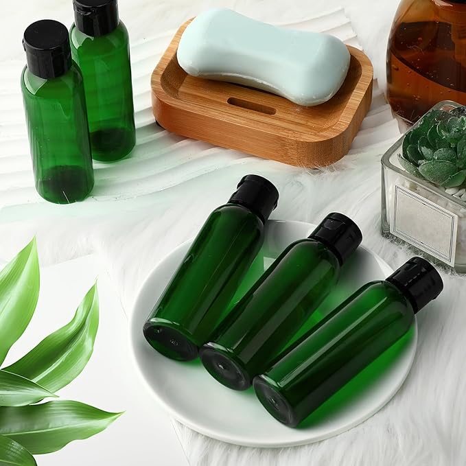 Zhehao 200 Pcs 2 oz Green Plastic Empty Bottles Small Travel Size Bottles with Flip Cap Empty Transparent Dispenser Container for Liquids Toiletries Shampoo Lotion (Black Cap)