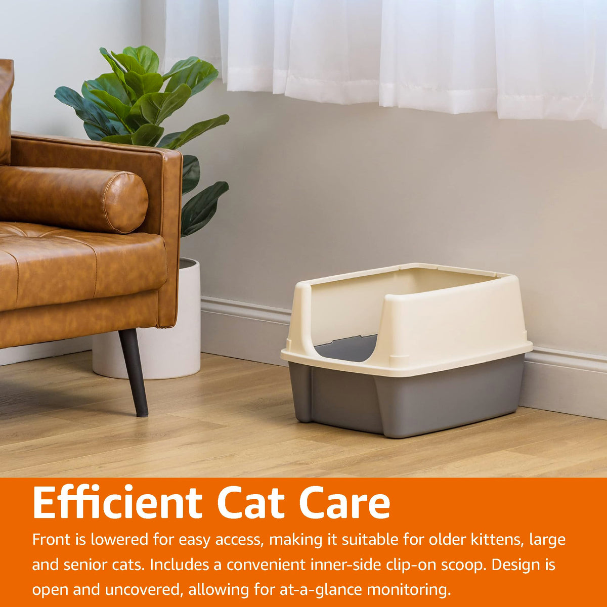 Amazon Basics Large Cat Litter Box with High Sides, Open Top for Easy Access, Includes Scoop with Storage, 19" x 15" x 11.75", Grey/Beige