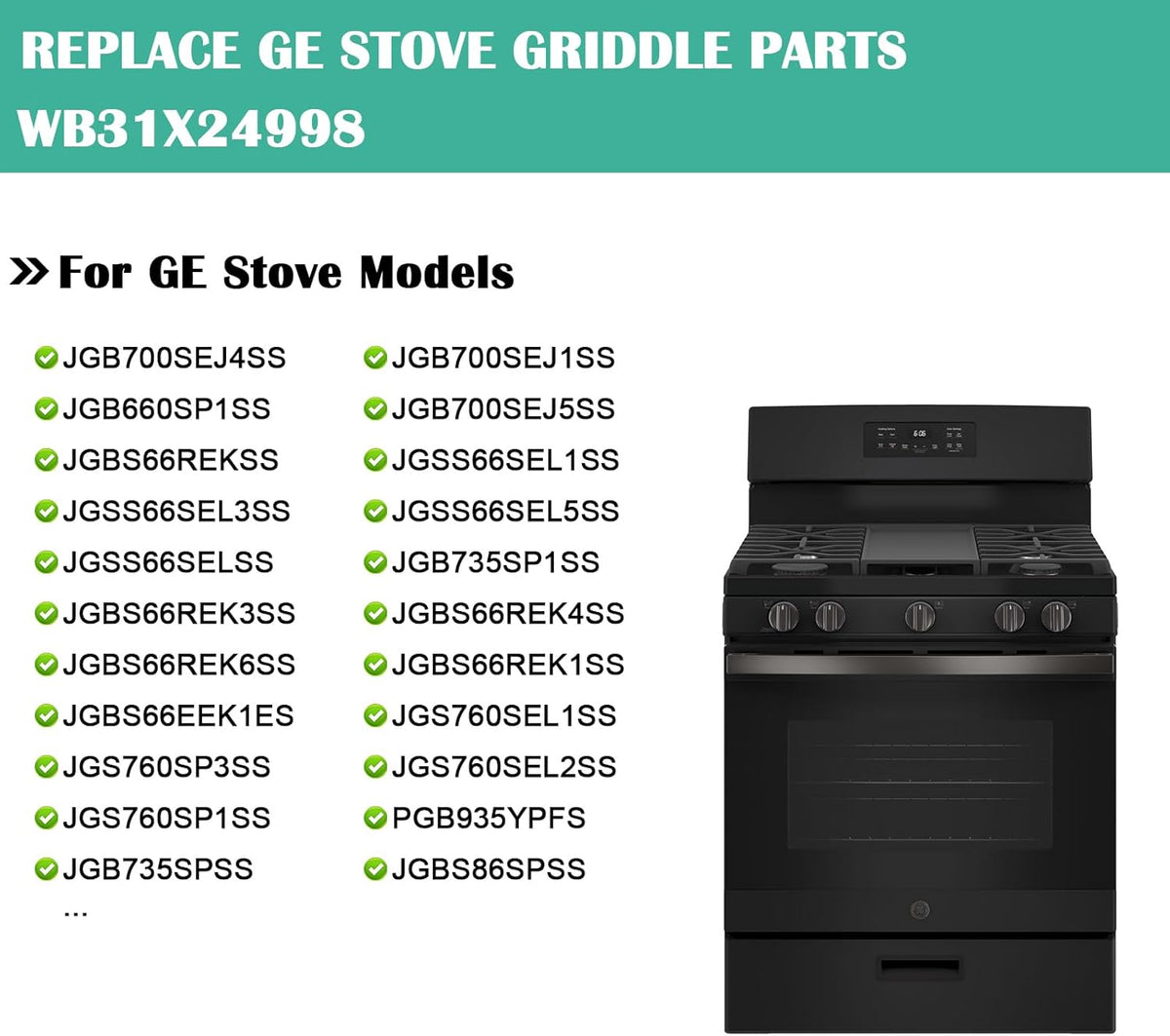 Hiorucet WB31X24998 Cast Iron Griddle Replacement for GE Gas Stove Griddle Plate, JGBS66REKSS Reversible Griddle Flat Top Pan for GE Appliance Gas Range Parts.