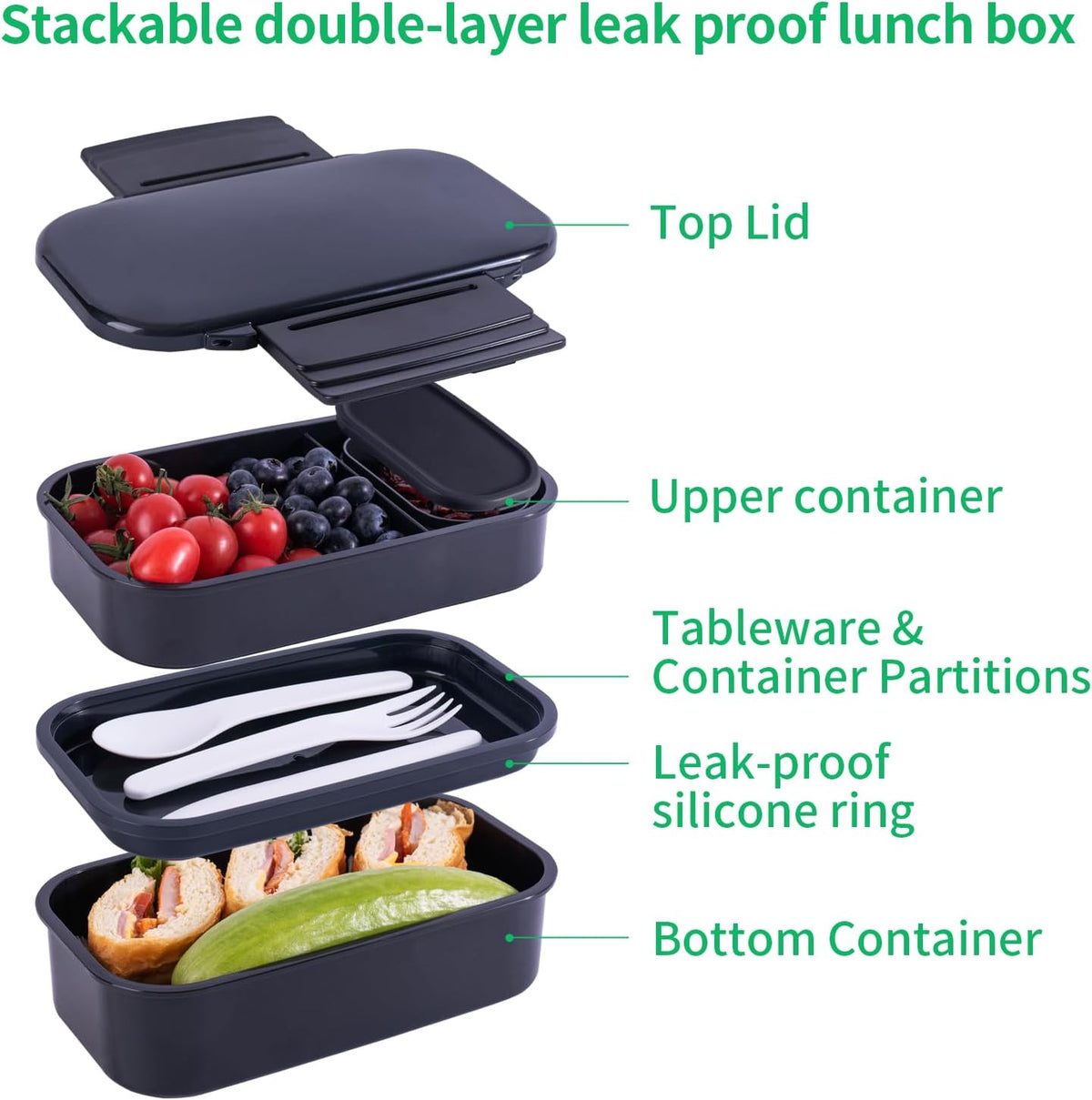 Lunchneo bento box for adults, separate for men and women, set of utensils and dipping containers, cute Japanese bento box, microwave heatable(Black)