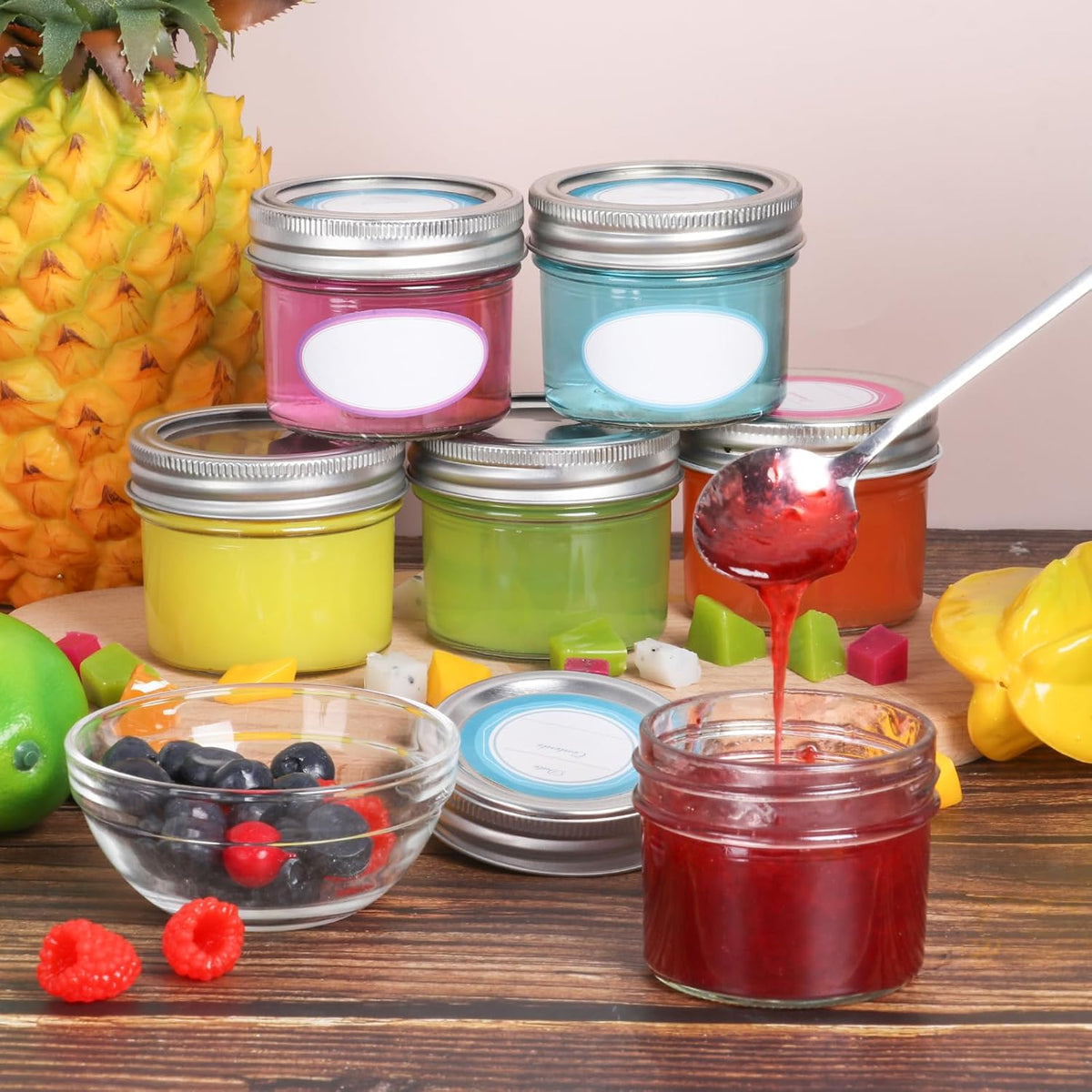 4 oz Small Mason Jars, 16 Pack Mini Canning Jars with 2 Types of Lids, 16 Split-Type and 16 One-Piece Lids for Dessert, DIY