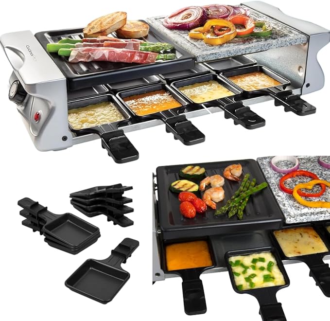 Electric Cheese Raclette Table Grill w Nonstick Grilling Plate & Cooking Stone- Indoor Smokeless Korean BBQ 8 Person Tabletop Cooker Hotplate- Melt or Grill Meat, Veggies for Home Dinner Party or Apps