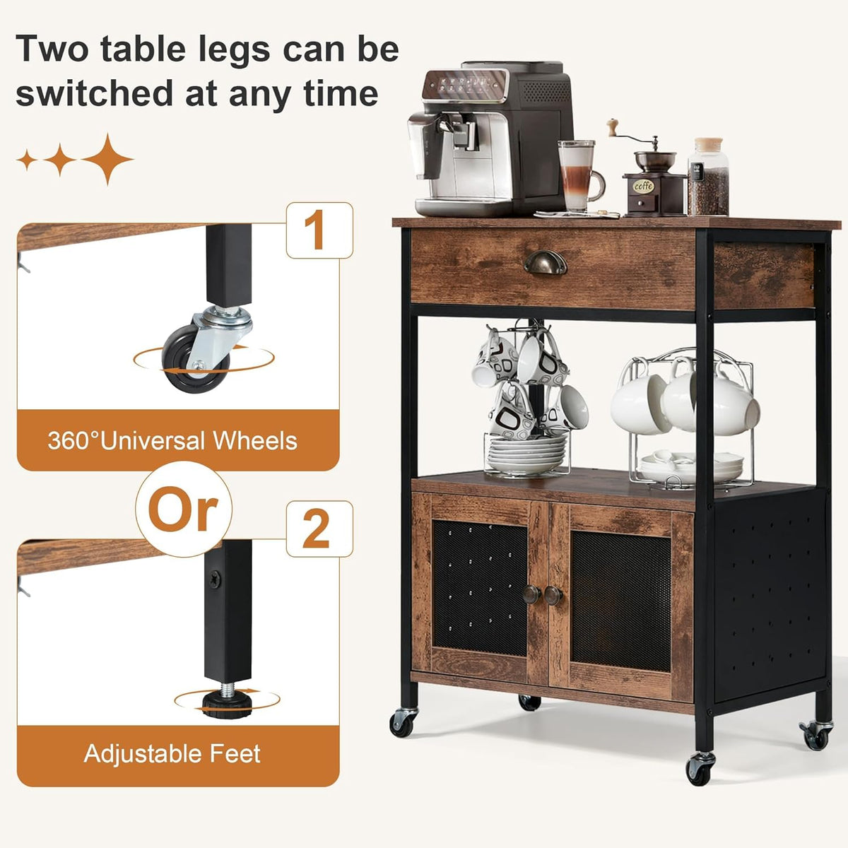 Catrimown Coffee Cart Station, Coffee Stand Station, Small Microwave Stand with Drawer, Movable Farmhouse Coffee Station Table on Wheels for Living Room, Entryway, Dining Room, Kitchen
