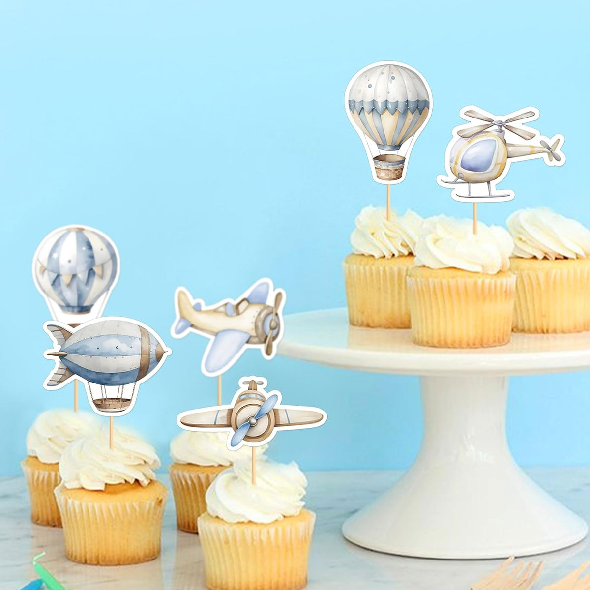 35PCS Airplane Cupcake Toppers Hot Air Balloon Helicopter Travel Themed Party Decorations Baby Shower Kids Boys Girls Birthday Party Cake Decorations Supplies