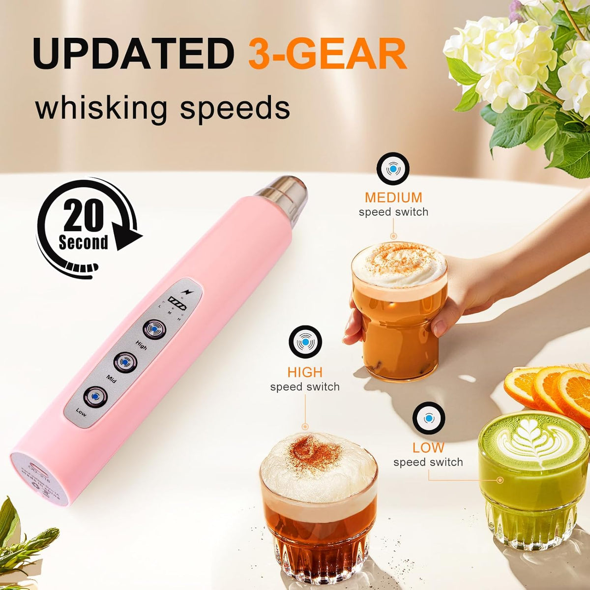 YUSWKO Pink Milk Frother Handheld with 3 Heads, Coffee Whisk Drink Foam Mixer with USB Rechargeable 3 Speeds, Electric Hand Frother for Latte, Cappuccino, Hot Chocolate, Egg