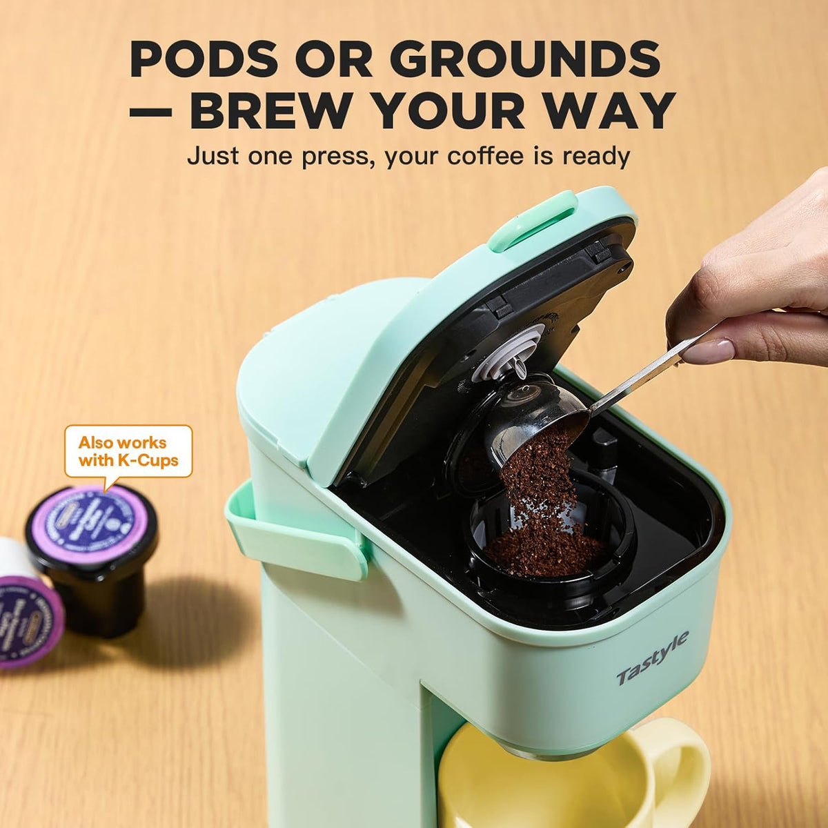 Single Serve One Cup Coffee Maker, for K Cups and Grounds, Mini Coffee Maker with Portable Handle, 6 to 12 Oz Brew Size, for Travel, Camping, Office, RV and Dorm, 120V, Oasis