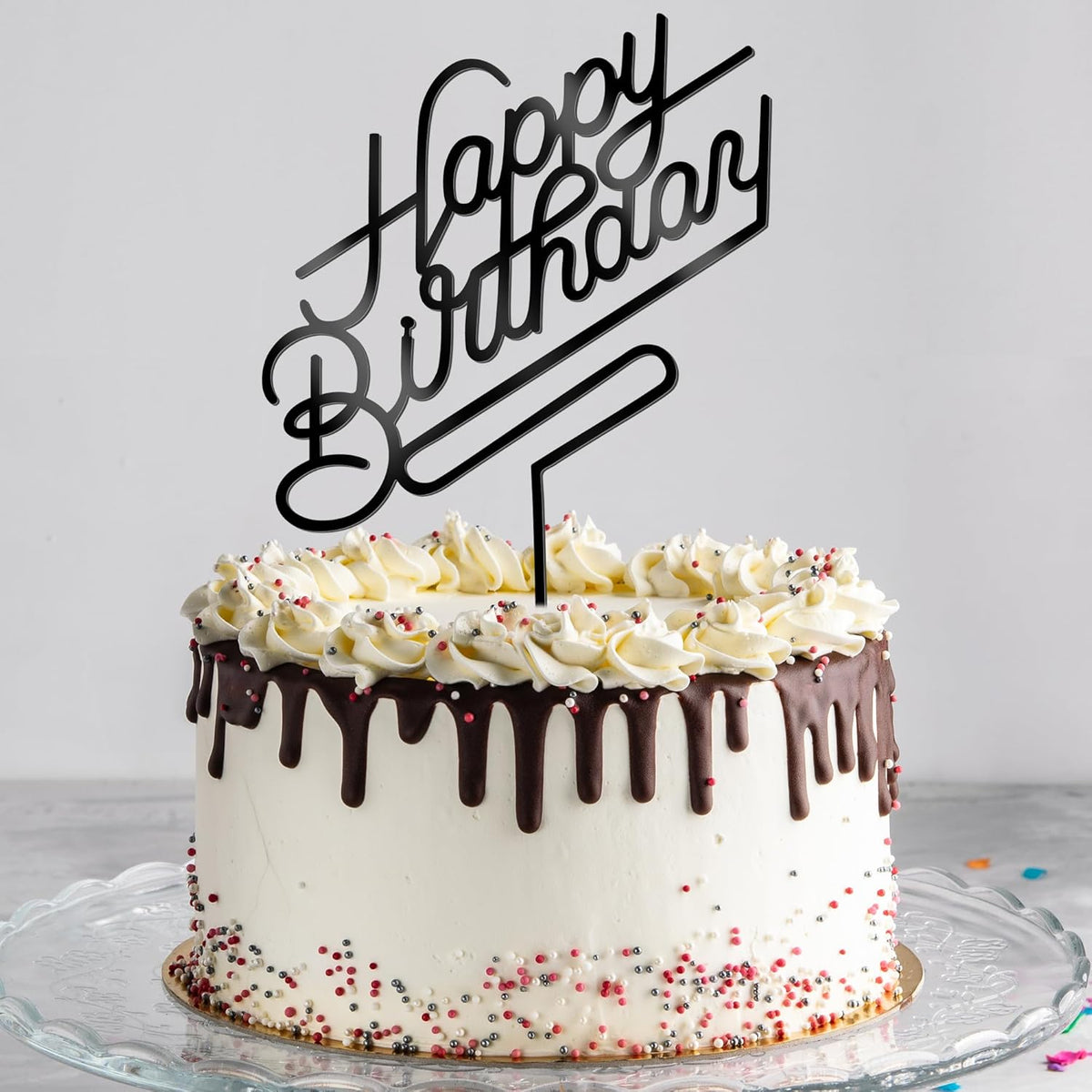 1 PCS Black Happy Birthday Cake Topper, 4.9 x 6.7 Inches Classic Birthday Cake Toppers, Acrylic Happy Birthday Cake Sign, Anniversary Cake Decorations for Party Supplies and Photo Booth Props