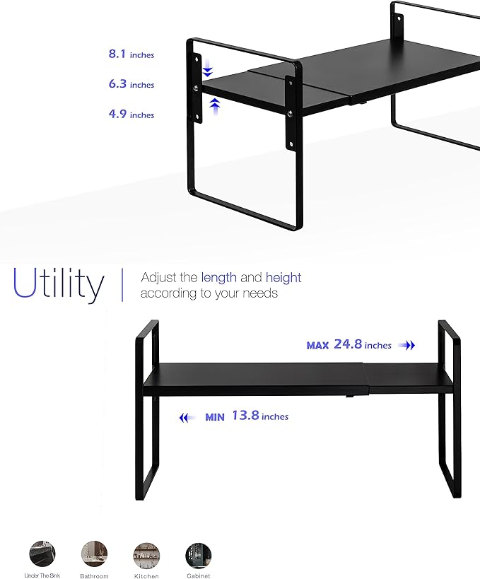 Nxconsu Cabinet Shelf Expandable Height Adjustable Organizer Riser for Kitchen Cabinet Pantry Cupboard Under Sink Countertop Organization Storage Space Saver Stackable Heavy Duty Metal Black XL