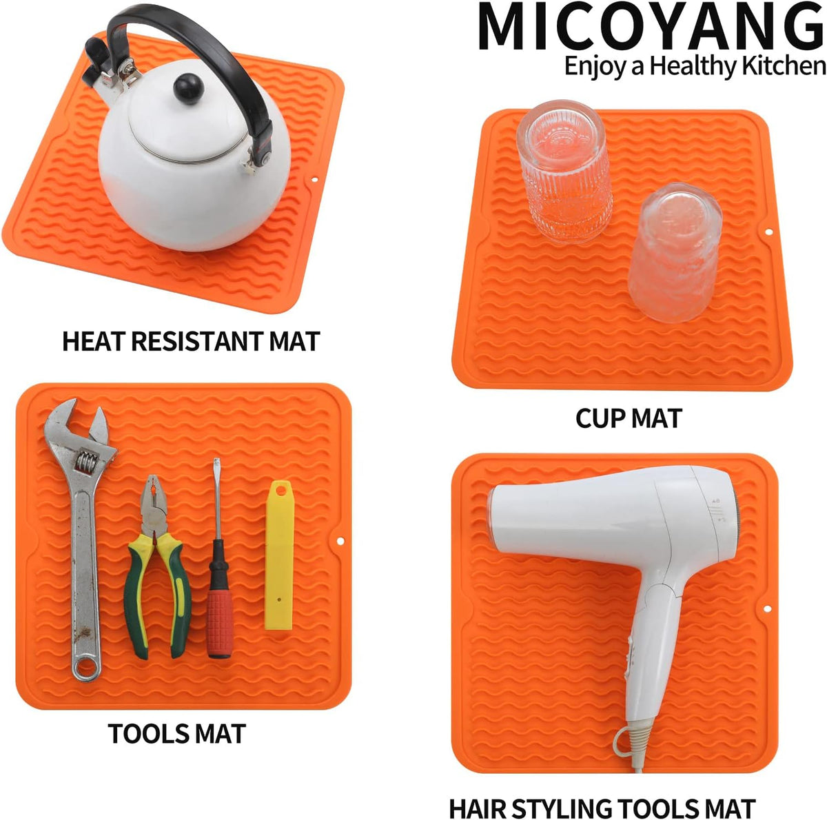 Silicone Dish Drying Mat for Multiple Usage,Easy clean,Eco-friendly,Heat-resistant Silicone Mat for Kitchen Counter or Sink,Refrigerator or Drawer liner Orange M 12 inches x 12 inches