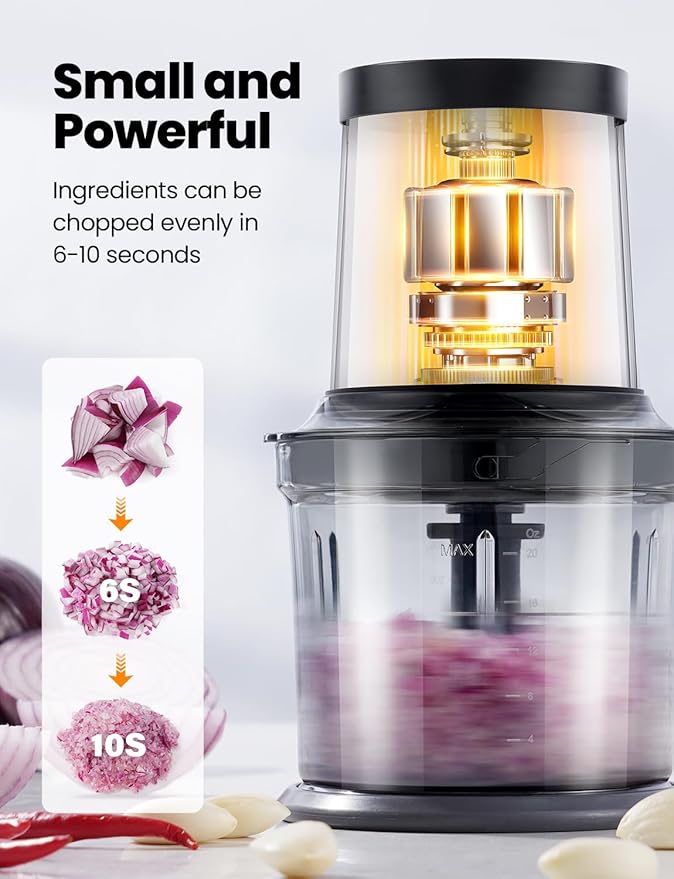 Food Processor 4 Cup, Electric Food Chopper, 【Small but Powerful】Meat Grinder with 2 Bowls, 2 Speed & 4 Blades for Vegetable, Meat, Nuts, Functions for Chopping, Dicing, Mixing and Puree