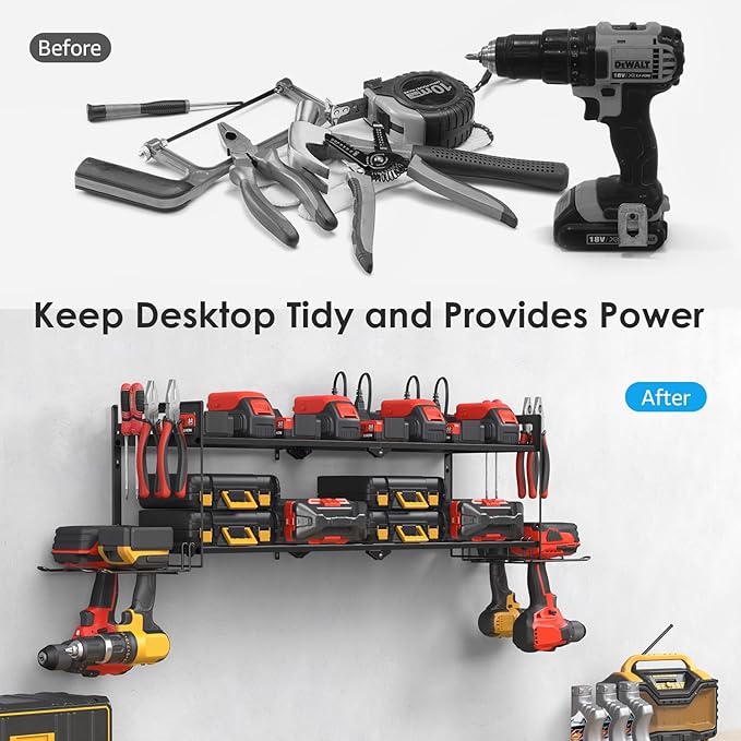 CCCEI Large Garage Tools Storage with Charging Station. Power Tool Battery Organizer Utility Shelf with Power Strip. 4 Drills Holder Wall Mount Rack.
