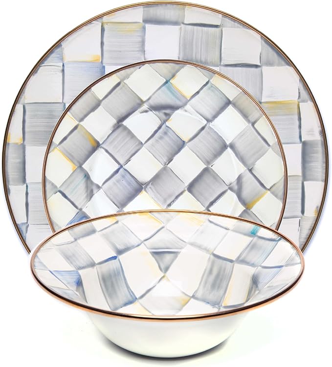 MACKENZIE-CHILDS 3-Piece Enamel Place Setting with 10-Inch Round Dinner Plate, 8-Inch Salad/Dessert Plate, and 7.5-Inch Breakfast Bowl, Gray-and-White Sterling Check