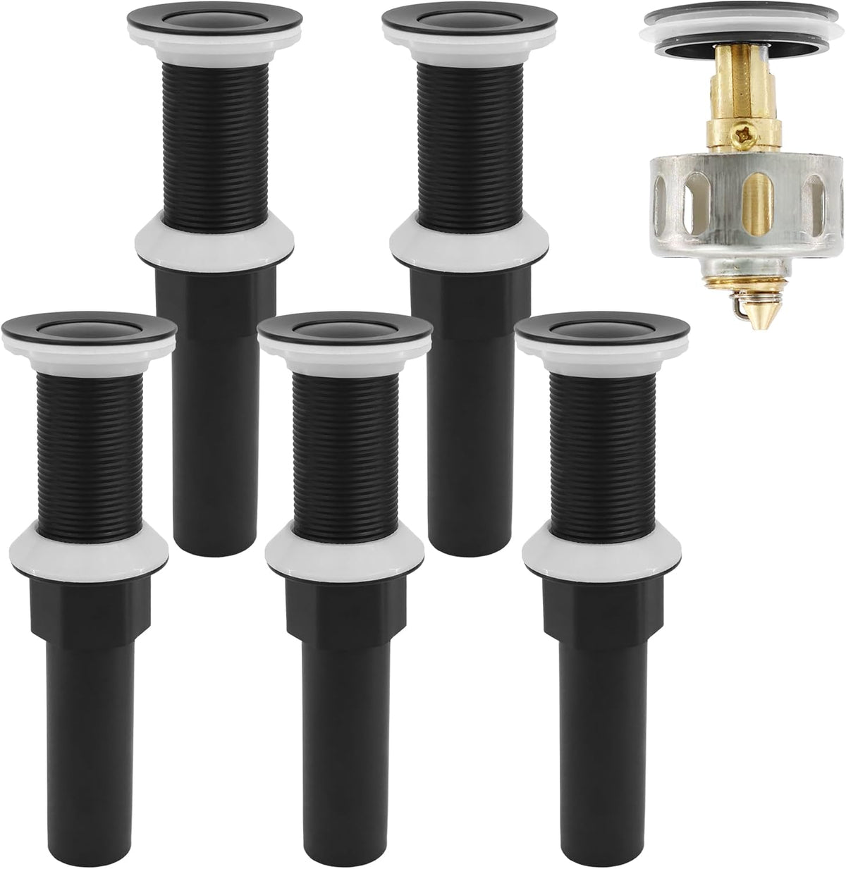 Bathroom Sink Drain,5 Pack Matte Black Drain Stopper Without Overflow,Small Cap Pop Up Drain Assembly with Detachable Strainer Basket,Built-in Anti-Clogging, Stainless Steel Nut
