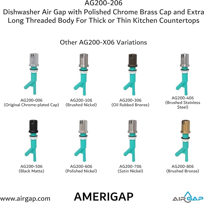 Dishwasher Air Gap with Skirted Polished Chrome Brass Cap and Extra Long Threaded Body for Thick or Thin Kitchen Countertops (AG200-206, AG200-X06, AMERIGAP)