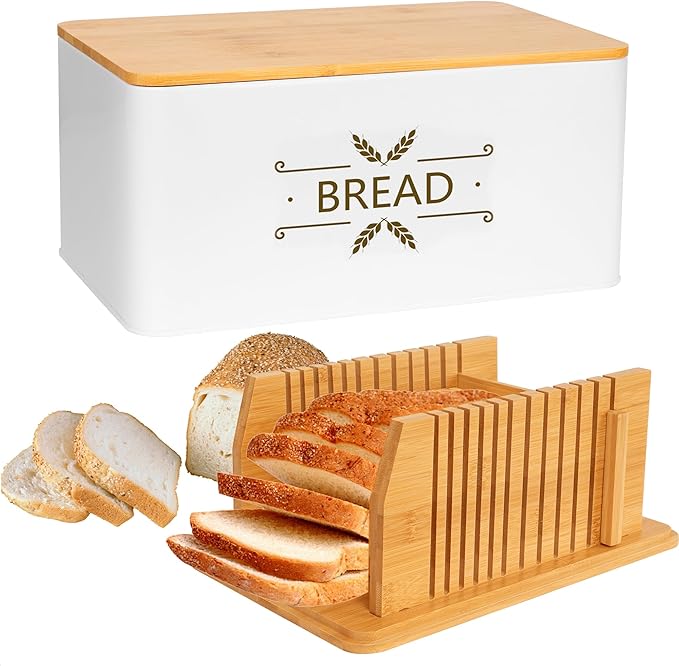 3 in 1 Bread Slicer for Homemade Bread with Box, Metal Bread Storage Container, Foldable Slicer Guide for Kitchen Countertop
