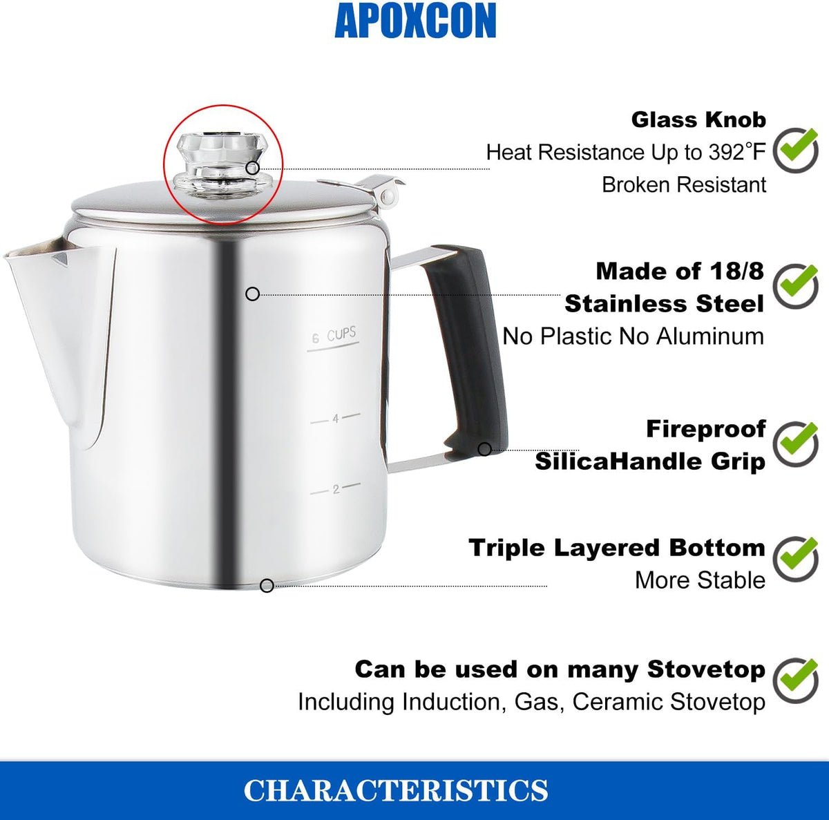 Multi Use Percolator Coffee Pot Stainless Steel Stove Top Coffee Maker with Two Tough Borosilicate Glass Knob Silica Handle Camping Coffee Pot Using on Campfire Stove & Induction Cooker Silver 6 Cup