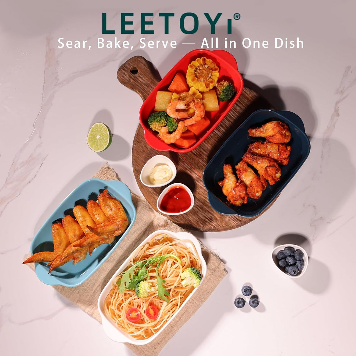LEETOYI Ceramic Small Baking Dish, Porcelain 2-Piece Rectangular Bakeware with Double Handle, Baking Pans for Cooking and Cake Dinner 7.5"×5 (Royal Blue)