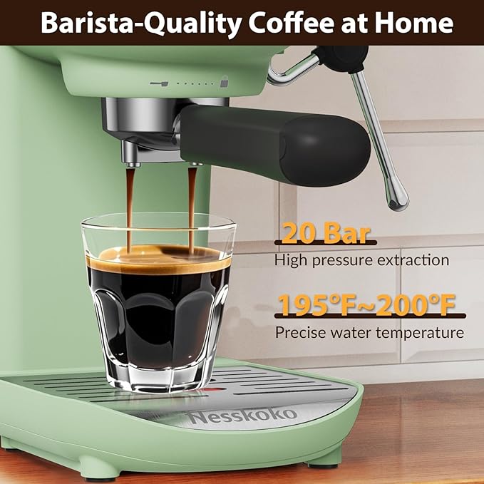 Espresso Machine with Steam Milk Frother Semi Automatic 20 Bar Compact Green with Toggle Switch for home Cafetera Espresso, Latte, Cappuccino, Americano, Macchiato