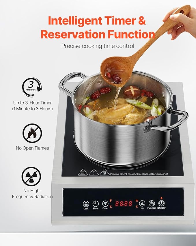 VEVOR Induction Cooktop, 3500W Commercial Induction Burner with 11-Level Temperature, Stainless Steel Countertop Induction Hot Plate with 3H Timer, Child Lock for Restaurant (6-15P Plug, 6-20R Outlet)
