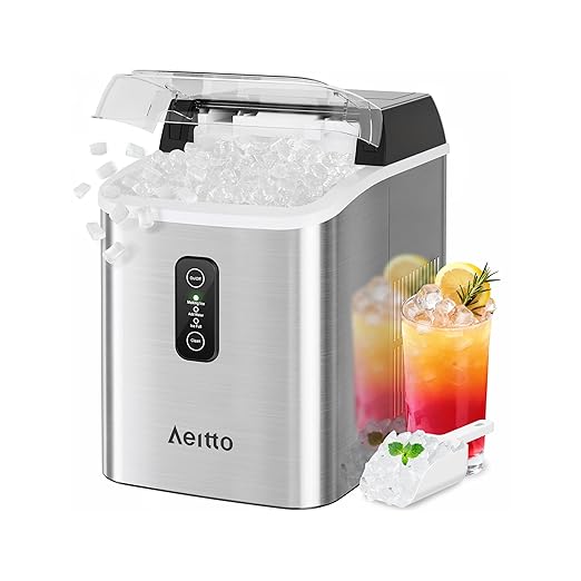 Aeitto Nugget Ice Maker Countertop, 42lbs/24H Ice Machine with 1.5L Water Tank, Rapid Ice Release in 6 Mins, Self-Cleaning Pebble Ice Maker with Basket and Scoop for Home Office RV and Party, Silver