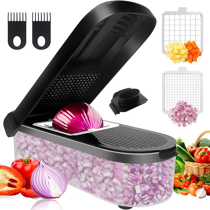 LHS Multifunctional Food Chopper - Onion, Vegetable Slicer Dicer Cutter, Potato Cutter - Veggie Chopper with Container (4 in 1, Black)