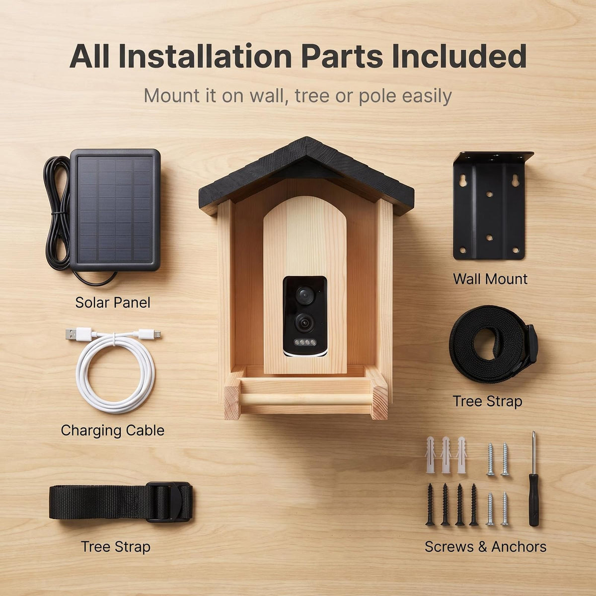 Smart Wooden Bird Feeder with 2.5k Ultra-Wide-Angle AI Camera Solar Powered