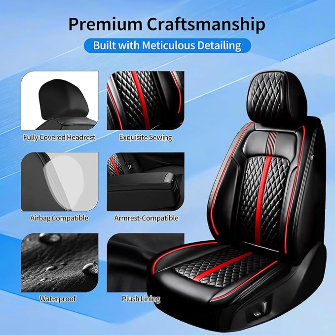 Fit HR-V Car Seat Covers (Front Pair) for Select Honda HRV 2016-2026 LX/EX/EXL/Sport - Full Coverage Leather, Airbag Compatible, Waterproof & All Weather Seat Cushion Protector, Redline
