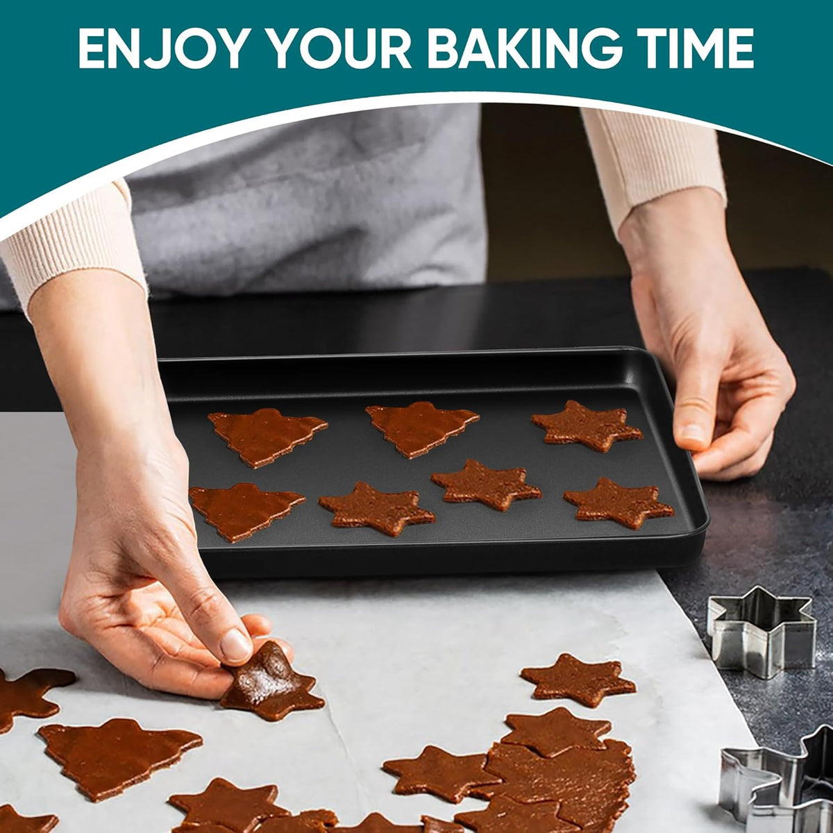 E-far Baking Sheet Set of 2, 10.5" x 8" x 1" Cookie Sheet Pan for Baking, Nonstick Carbon Steel Baking Trays for Toaster Oven, Heat-Resistant & Easy Clean, Black