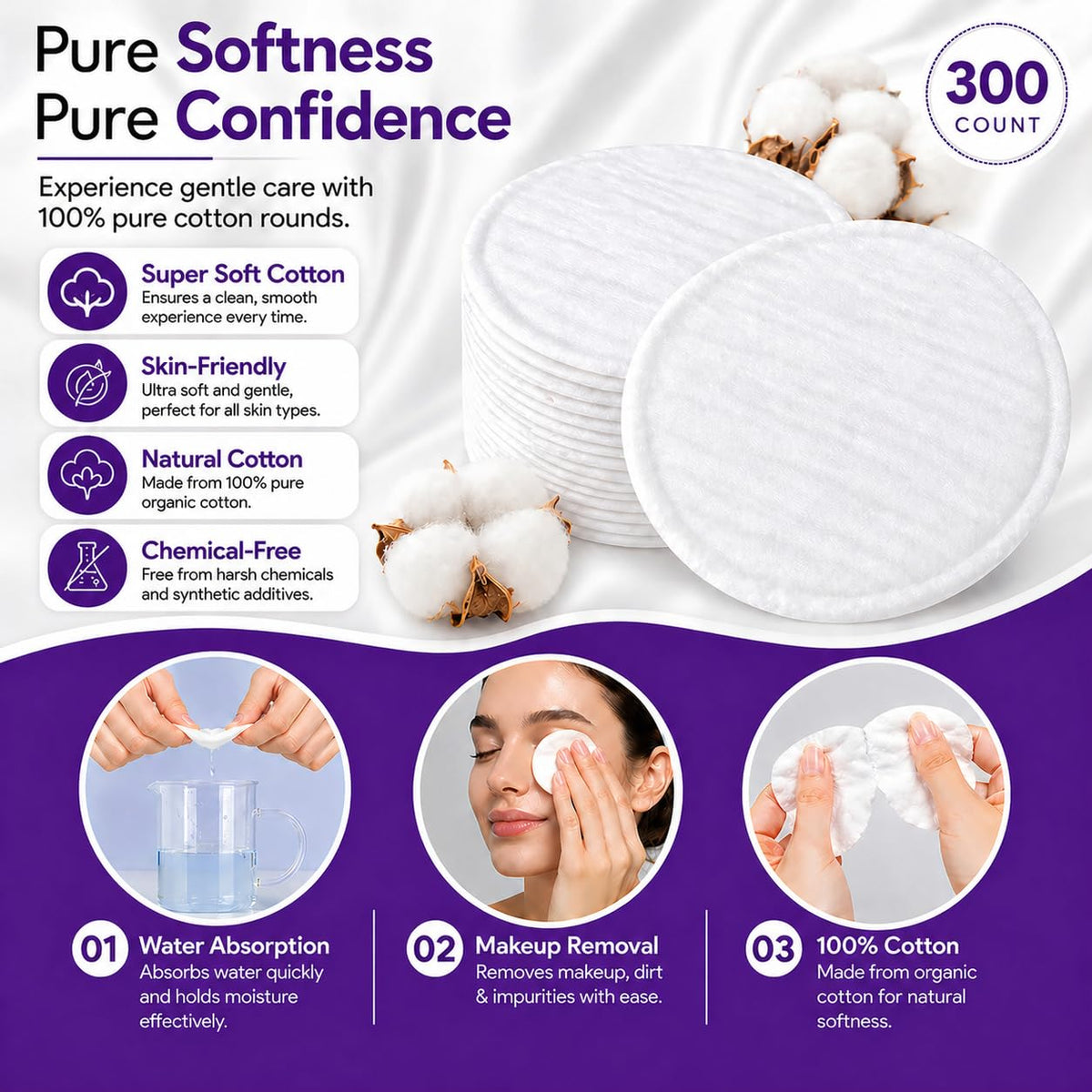 ForPro Organic Cotton Rounds for Face (300-Count) Stitched Makeup Remover Pads, 100% Certified, Lint-Free Hypoallergenic Skincare Pads for Toner, Sensitive Skin, Vegan & Cruelty-Free
