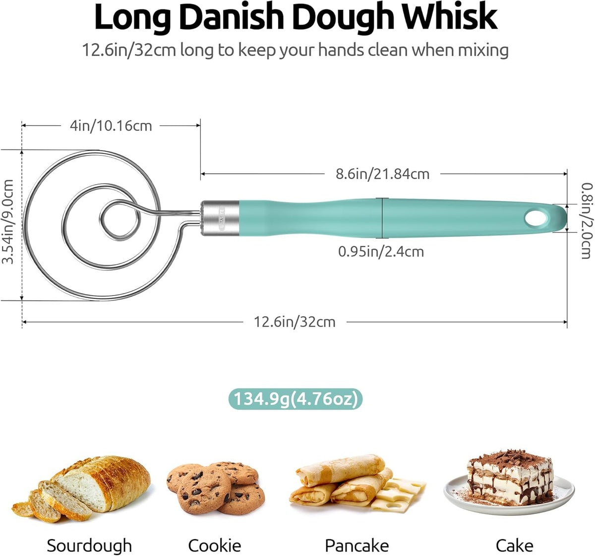 U-Taste 12.6in Danish Dough Whisk: 18/8 Stainless Steel Heavy-Duty Sourdough Mixer Tool, Food Grade Dutch Style Seamless Bread Wisk, Sturdy for Mixing, Stirring, Kneading Thick Batter (Aqua Sky)