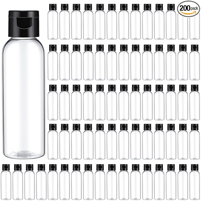 Zhehao 200 Pcs 2 oz Clear Plastic Empty Bottles Small Travel Size Bottles with Flip Cap Empty Transparent Dispenser Container for Liquids Toiletries Shampoo Lotion(Black Cap)