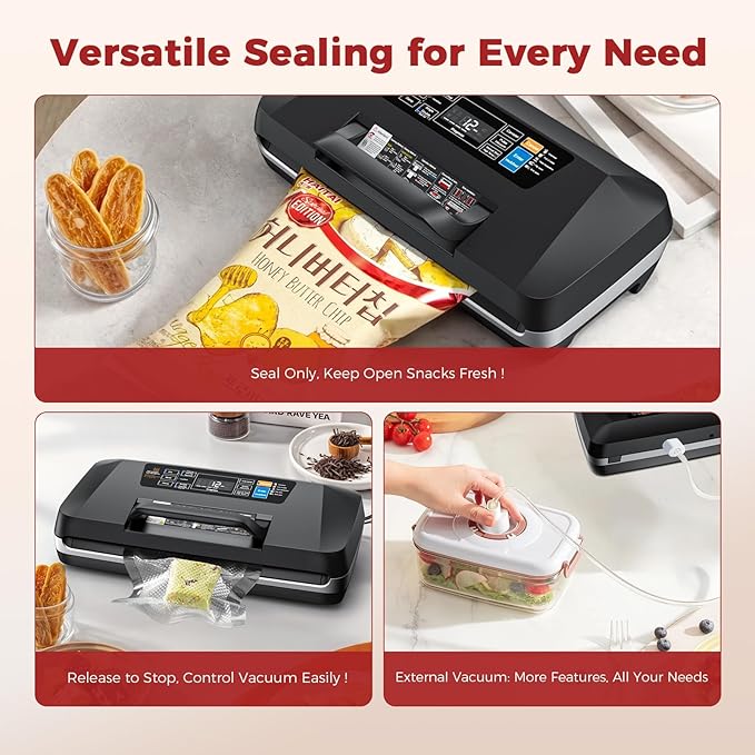 95kpa Vacuum Sealer Machine,Commercial Full Automatic Food Sealer,Powerful Sealing System with Double Heat Seal,Built-in Cutter&Bags Storage,1 Bag Rolls and 10 pcs Pre-cut Bags