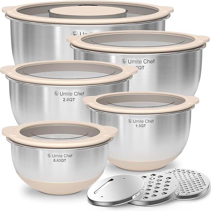 Mixing Bowles Set with Lids Set - Warp-Proof TPR-AS Lids, Stainless Steel Mixing Bowl with 3 Graters & Measuring Lines, Non-Slip Bowls for Baking, Prep, Airtight Food Storage (Khaki 5/3/2/1.5/0.63QT)