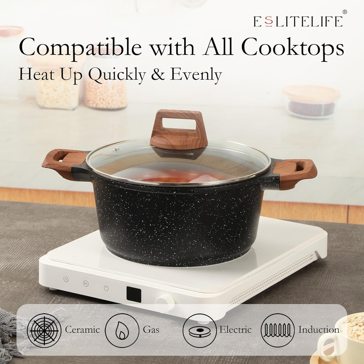 ESLITE LIFE Nonstick Stock Pot with Lid, 3 Quart Granite Casserole Small Soup Pot Pasta Cooking Pot, Induction Compatible, PTFE & PFOA Free, Black