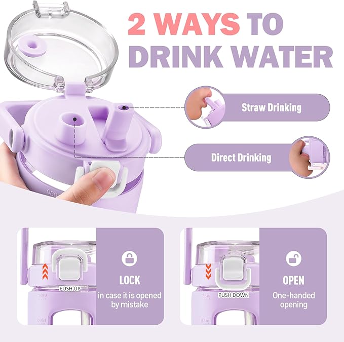 BLUEGO 32oz Glass Water Bottles with Straw Time Marker Half Gallon Large Motivational Water Bottle with Silicone Sleeve 2 Liter Large Glass Water Jug for Gym, Sports& Workout, Daily, Purple