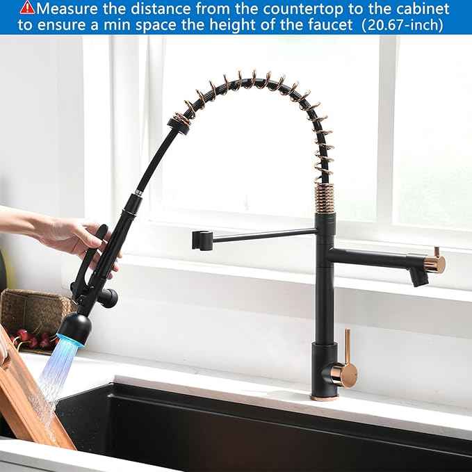 Fapully Commercial Single Handle Pull Down Sprayer Black&Rose Gold Kitchen Faucet,Kitchen Sink Faucet with LED Light