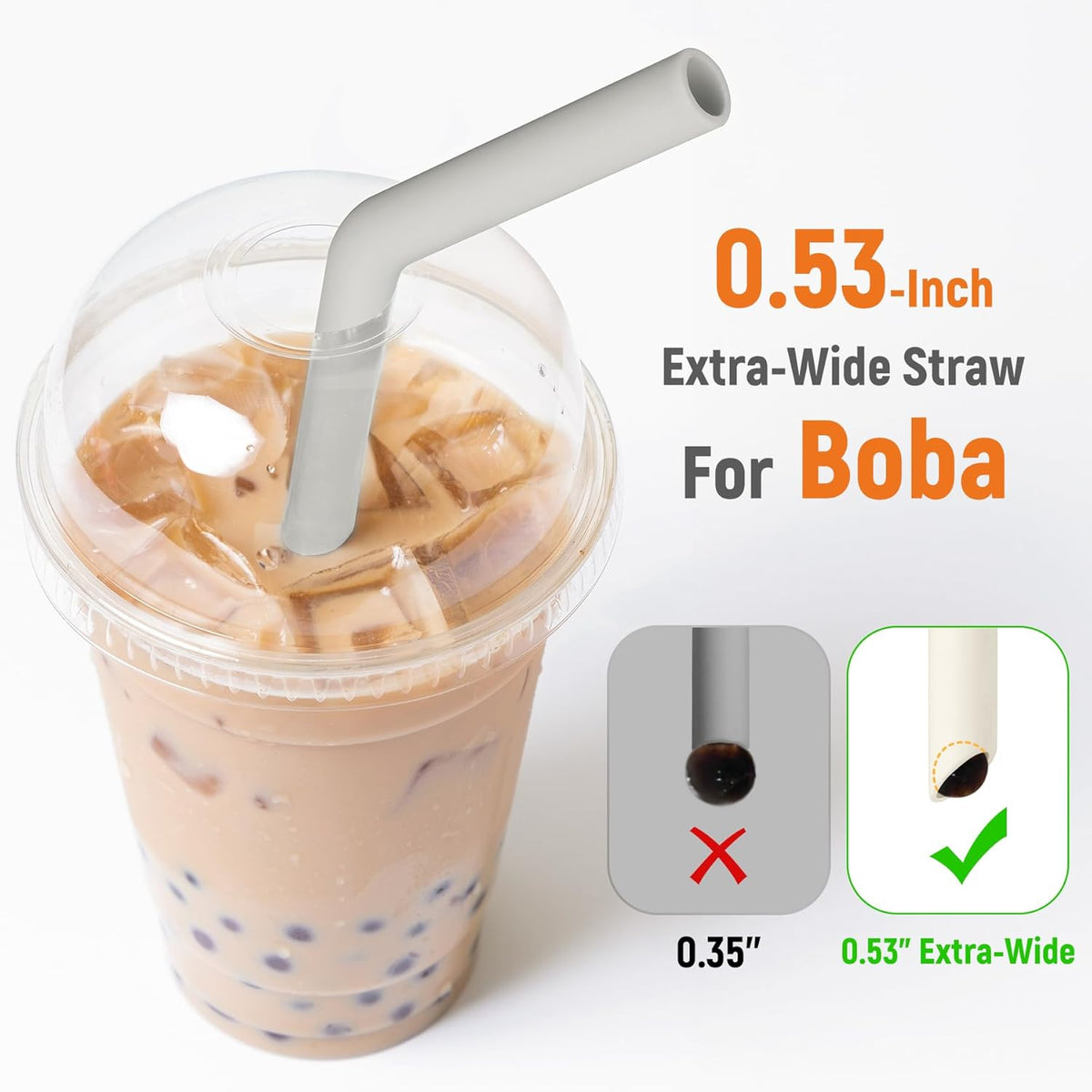 NiHome 6PCS Extra Wide Reusable Bent Silicone Straws for Boba, Smoothies, Bubble Tea, Bent Straws for Thick Drinks, Child-Safe, Customizable Length, 2 Brushes Easy Cleaning (Black, White & Gray)