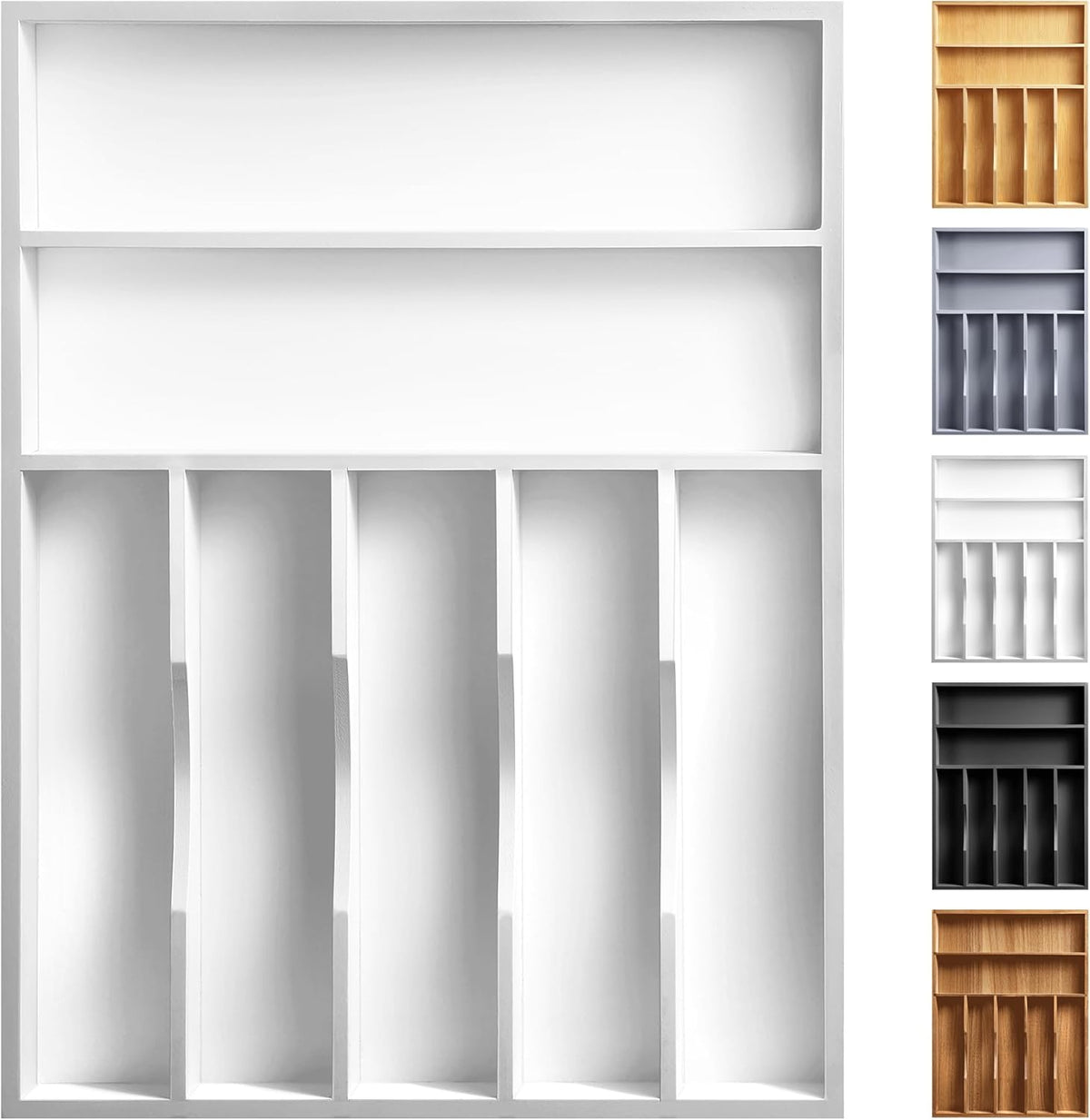 Kitchen Bamboo Silverware Organizer, Kitchen Drawer Organizer - Utensil Holder and Cutlery Tray with Grooved Drawer Dividers for Flatware 7 Slot, White