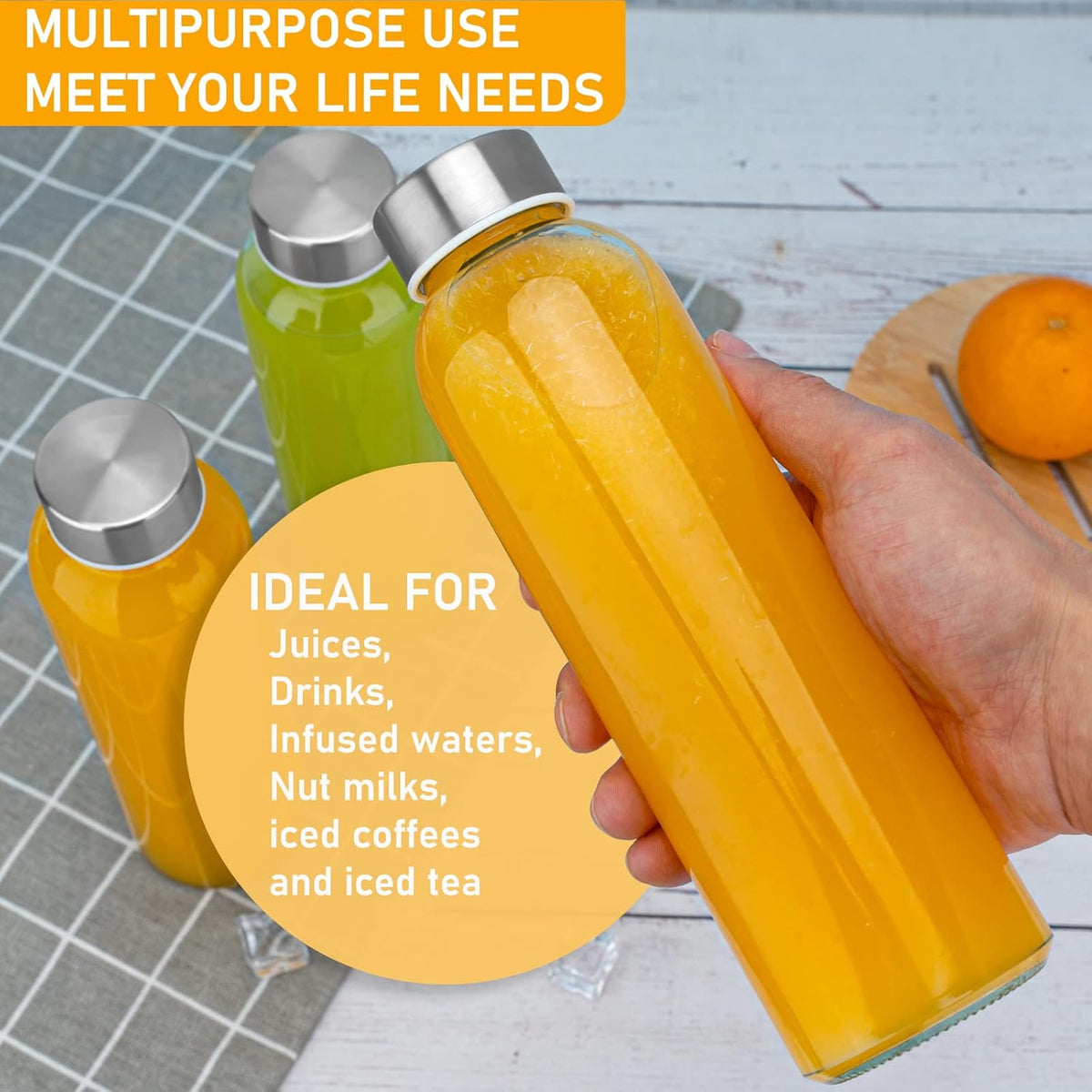 [10 Pack]18 oz Glass Water Bottles with Lids, Juice Bottles, Clear glass juice bottle for juicing, Eco-Friendly Reusable Glass Juicing Bottles with Stainless Steel Lid, BPA Free,Leak-Proof