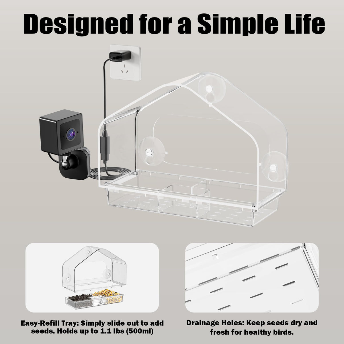 Window Bird Feeder with Strong Suction Cups & Smart Waterproof Bird Camera