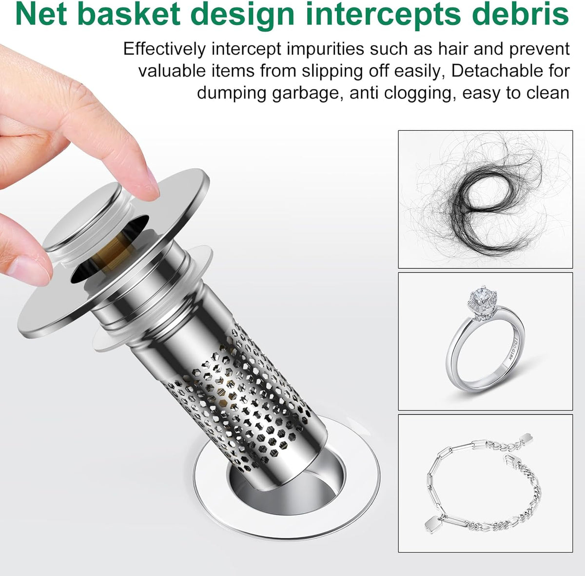 Bathroom Sink Drain Strainer,Universal Pop-Up Sink Stopper Hair Catcher, Stainless Steel Anti-Clog Drain Filter Basket, Removable Sink Drain for Bathroom Sink Stopper Replacement (Silver-4pcs)