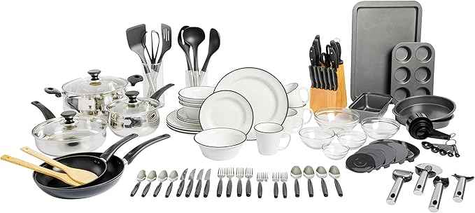 Gibson Home 95 Piece Kitchen in a Box Pots and Pans Cookware, Plates and Bowls Dinnerware, Cutlery Knife Block, Flatware Utensils, Tools & Gadgets, Storage, Glasses Set